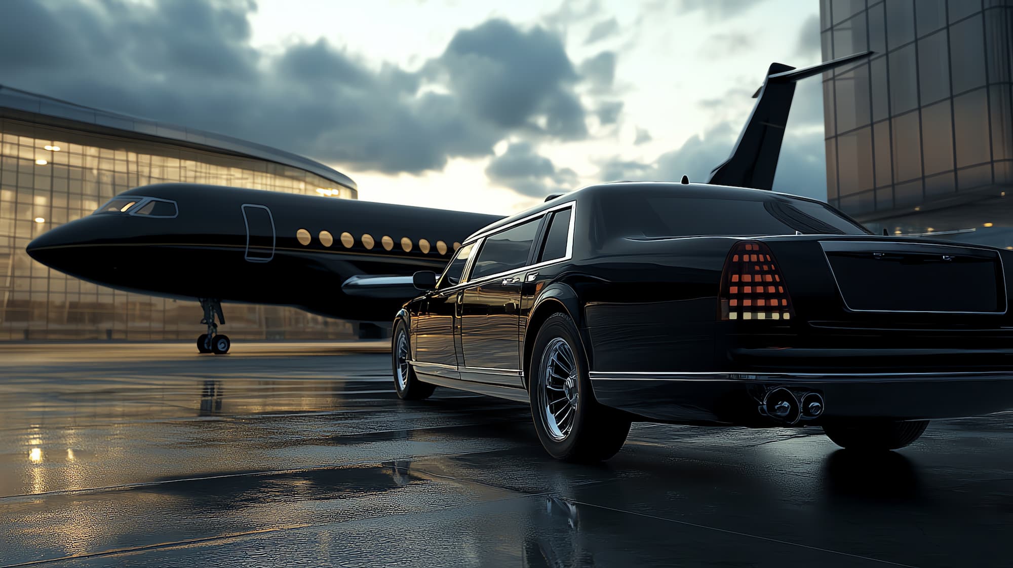 Luxury black limousine parked near private jet at Dubai airport with professional chauffeur