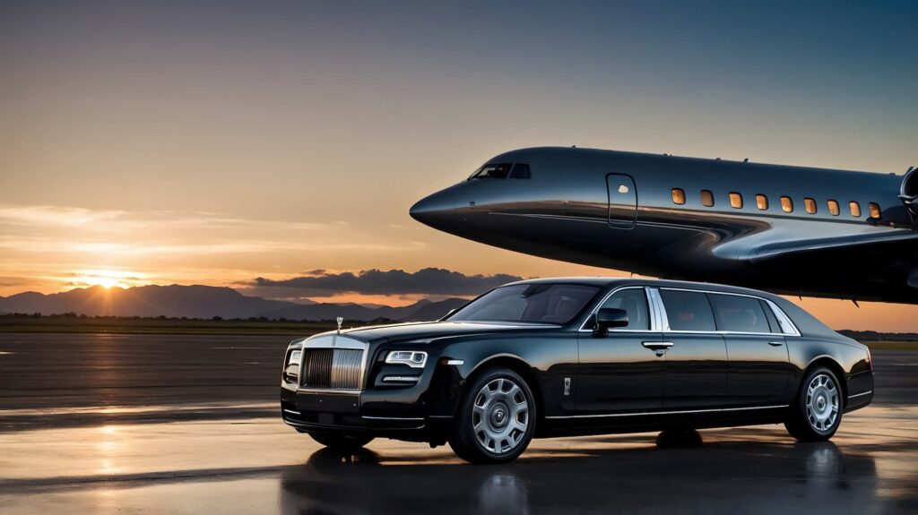 Private jet on Dubai runway with luxury chauffeur airport transfers in UAE – 24/7 service