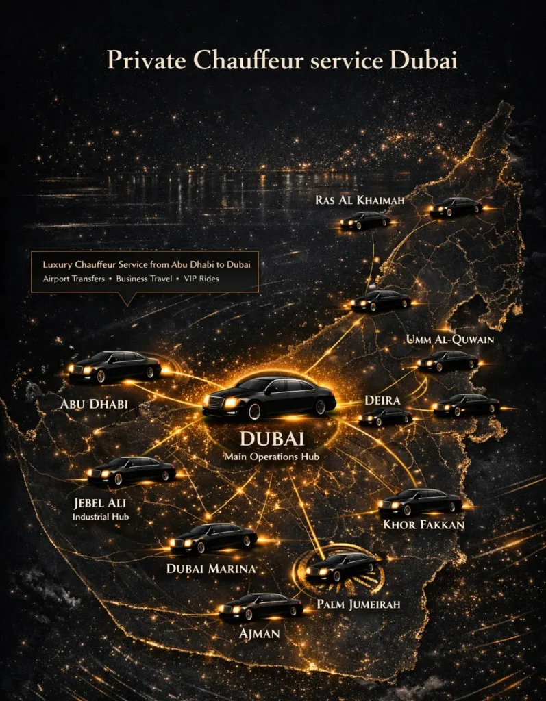 Dubai private chauffeur map showing all routes and service coverage – 24/7 booking available