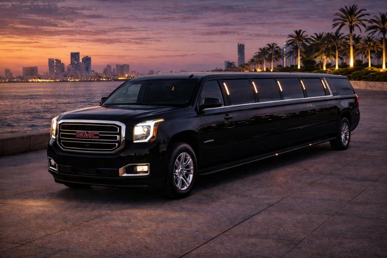 GMC Yukon XL stretched limousine for luxury private chauffeur service in Dubai
