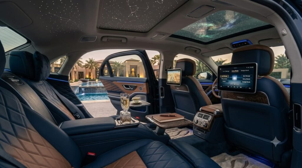 Clean luxury car interior with leather rear seats for personal chauffeur service in Dubai